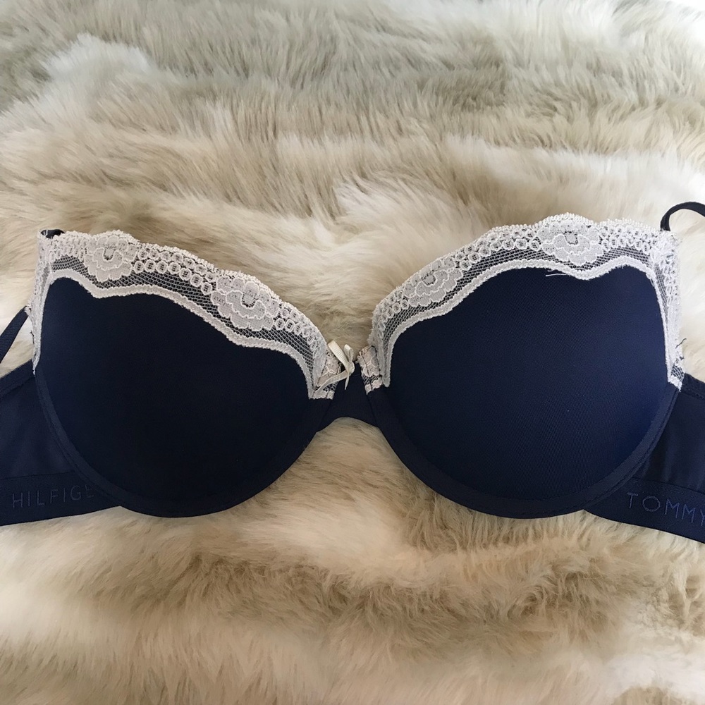 Navy Blue Bra with Lace Edging